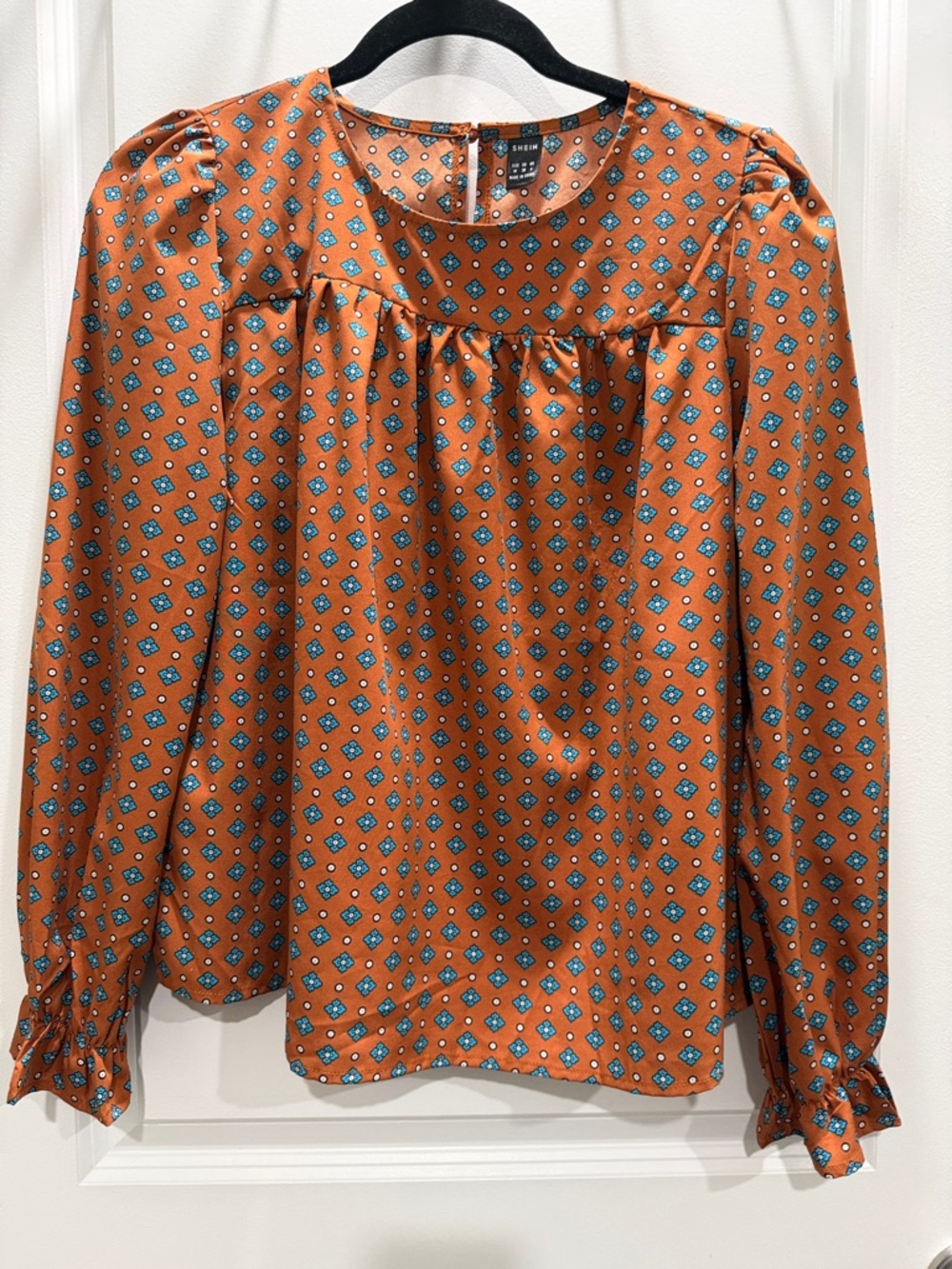 SHEIN Orange Blouse with Blue Geometric Print